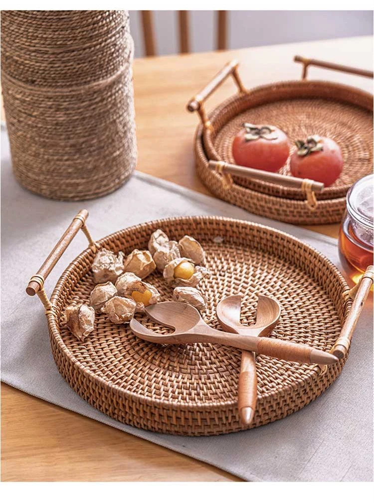 Woven Rattan Tray with Wooden Handles Woven Rattan Tray with Wooden Handles