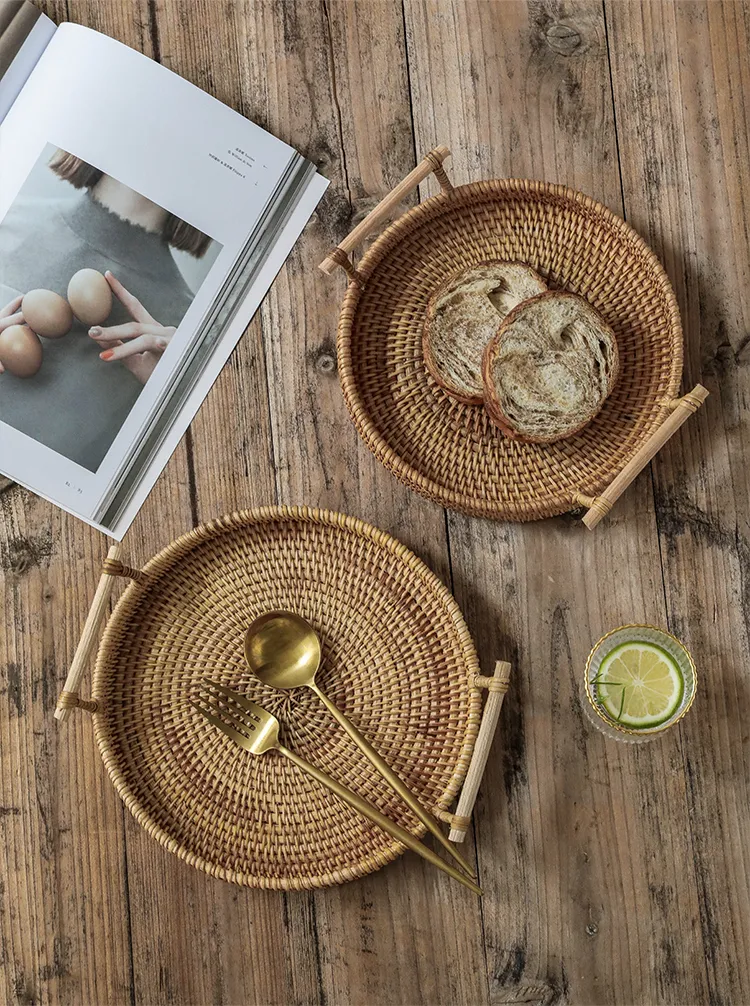 Woven Rattan Tray with Wooden Handles Woven Rattan Tray with Wooden Handles
