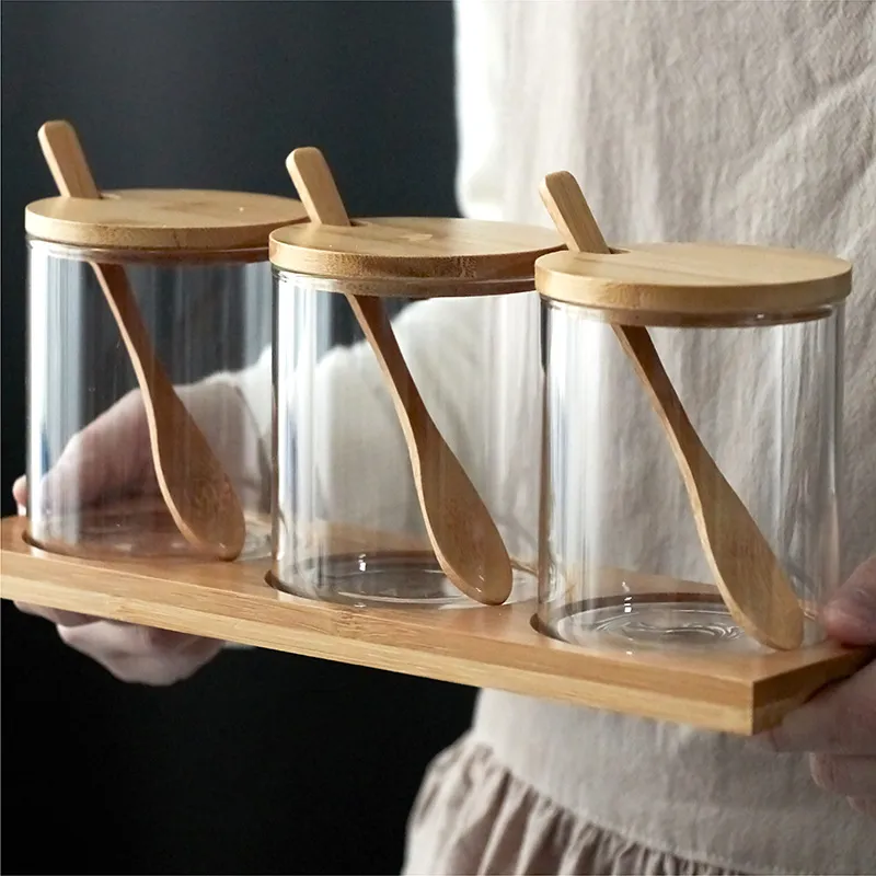 Glass and Wood Storage Jars Set with Spoon